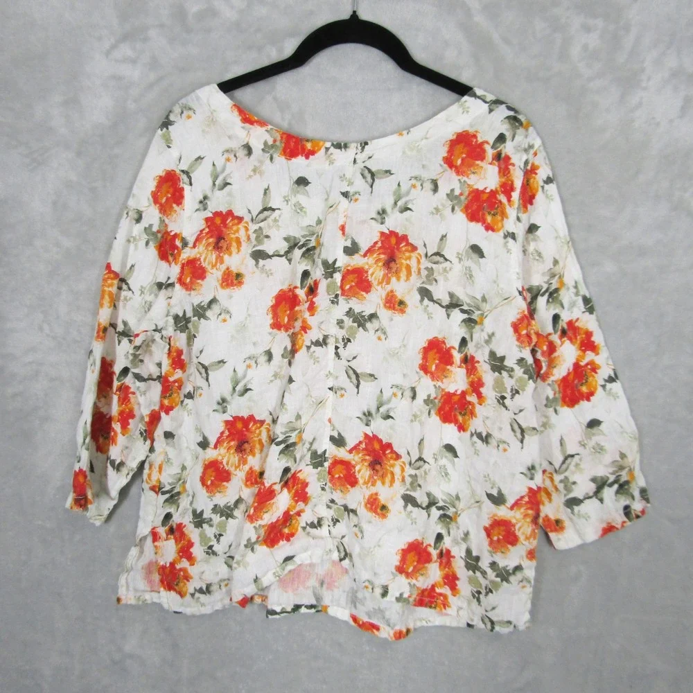 Inizio Womens Small Linen Floral Top 3/4 Sleeve Made in Italy White Orange Green - Picture 7 of 9
